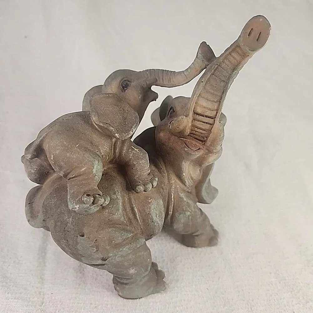 Elephant Safari Whimsical Father & Baby Piggyback Figurine Trunck Up 6 1/5